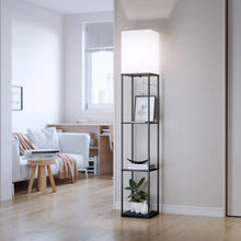 Load image into Gallery viewer, Modern Iron Shelf Floor Lamp with 3 - Way Dimmable LED Bulb, Shelves and White Shade for Living Room and Bedroom(Black)