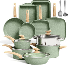 Load image into Gallery viewer, Kitchen Academy 17 Pieces Induction Cookware Set with Griddle, Green Granite Pots and Pans Set Non Stick, Healthy Nonstick Cooking Pans Set