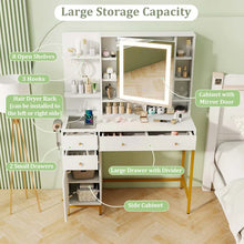 Load image into Gallery viewer, Makeup Vanity Table with 3 Lighting Modes, Mirrored Cabinet Door, Charging Station, Drawers, Shelves, Bedroom Makeup Dressing Table and Stool Set