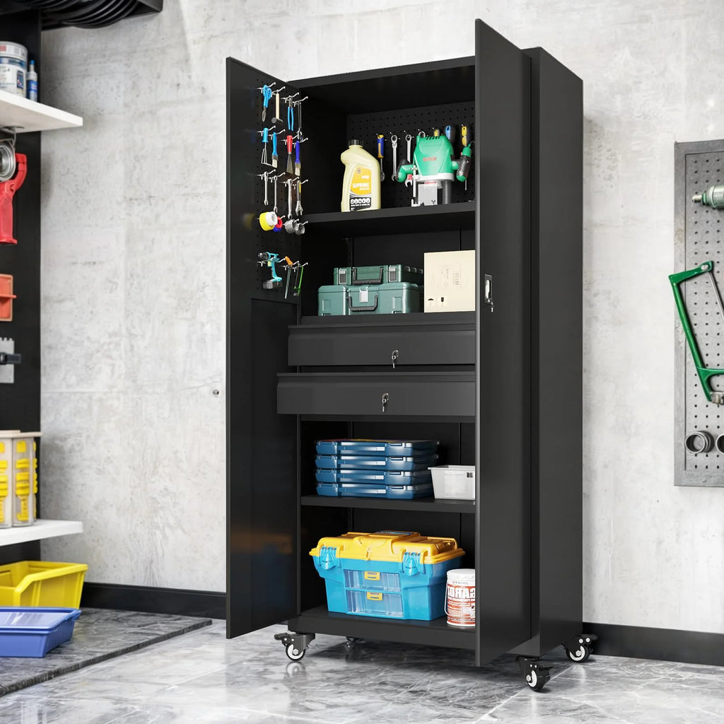 AECOJOY 71" Metal Garage Storage Cabinet with Drawers and Wheel