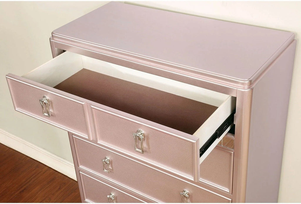 Contemporary Rosé Gold Twin Size Bed 6pc Set Dresser Mirror Nightstand Chest Padded HB Tufted Bedroom Furniture Solid Wood