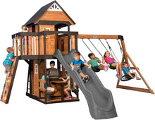 Load image into Gallery viewer, Backyard Discovery Canyon Creek Cedar Wood Swing Set with Wave Slide. Clubhouse. Play Kitchen. Picnic Area. Belt Swings. Web Swing. Rock Wall. Balconies. Playhouse. Step Ladder. Outdoor Playset