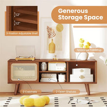 Load image into Gallery viewer, Mid Century Modern TV Stand for TVs up to 55", Bamboo Entertainment Center Media Console with Rattan &amp; Glass Sliding Doors, Adjustable Shelf