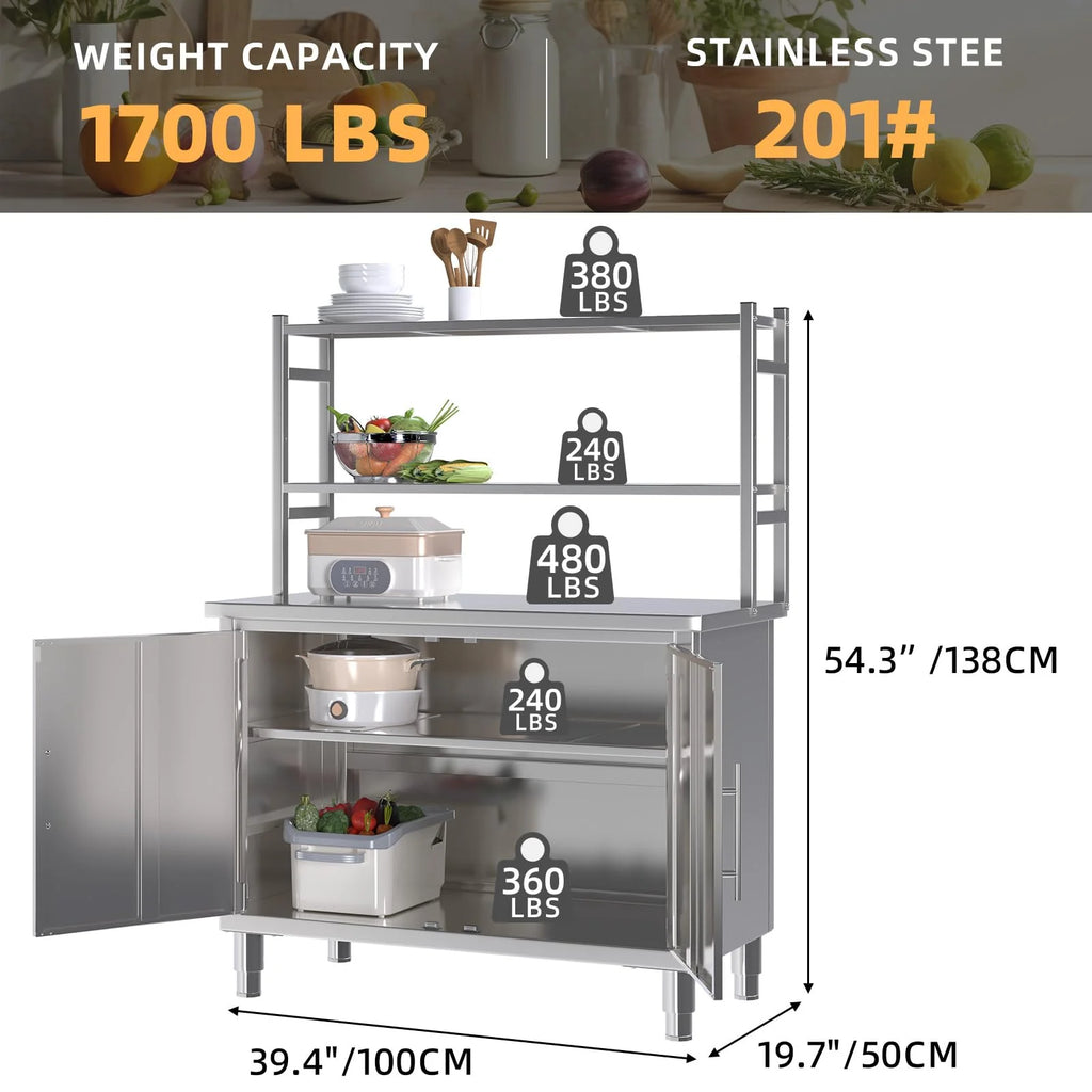 AECOJOY Stainless Steel Table with Cabinet 40"x20" Prep Table for Commercial Kitchen Countertop