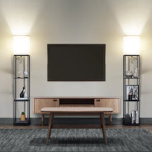Load image into Gallery viewer, Modern Iron Shelf Floor Lamp with 3 - Way Dimmable LED Bulb, Shelves and White Shade for Living Room and Bedroom(Black)