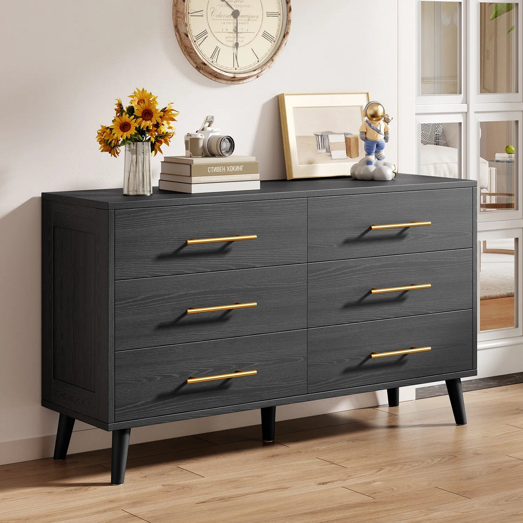 Noelse 3 Piece Bedroom Furniture Set, 6 Drawer Dresser with 2 Nightstands, Modern Wood Storage Organizer with Metal Handles for Bedroom, Living Room, Black