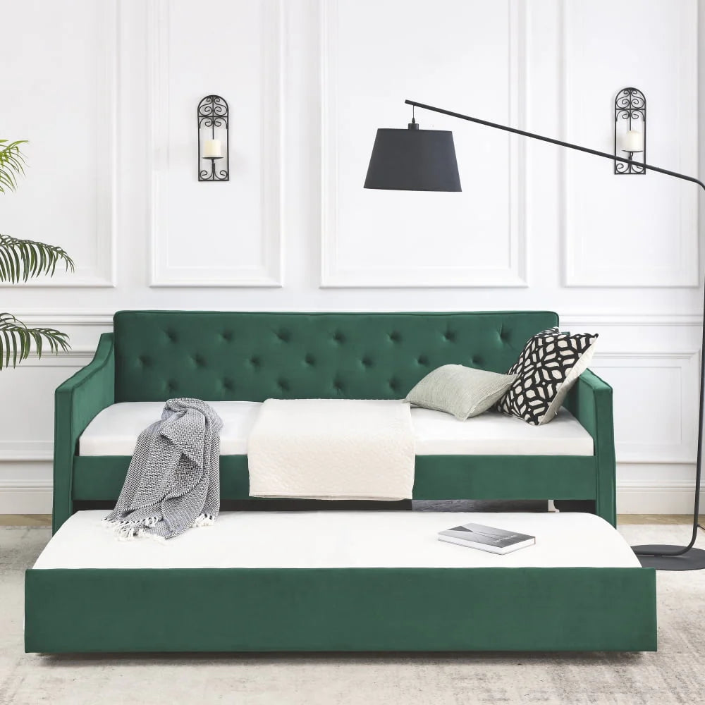 Twin Size Daybed with Trundle, Modern Button Tufted Linen Upholstered Sofa Day Bed Frame with A Roll - Out Trundle, Bedframe Furniture for Bedroom Living Room Guest Room, Green