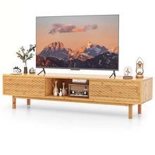 Load image into Gallery viewer, 63" Bamboo TV Stand for Up to 70" TVs, Mid Century Modern Entertainment Center Media Console with Sliding Doors &amp; 3 Storage Cubbies for Living Room