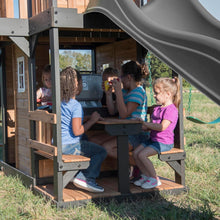 Load image into Gallery viewer, Backyard Discovery Canyon Creek Cedar Wood Swing Set with Wave Slide. Clubhouse. Play Kitchen. Picnic Area. Belt Swings. Web Swing. Rock Wall. Balconies. Playhouse. Step Ladder. Outdoor Playset