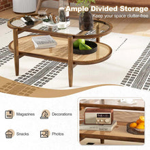 Load image into Gallery viewer, 2-Tier Oval Boho Coffee Table with Tempered Glass Top, Rattan Shelf &amp; Acacia Wood Frame, Mid Century Modern Center Table for Living Room Office