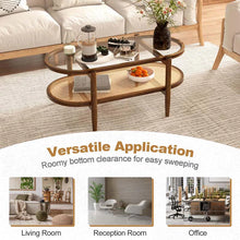 Load image into Gallery viewer, 2-Tier Oval Boho Coffee Table with Tempered Glass Top, Rattan Shelf &amp; Acacia Wood Frame, Mid Century Modern Center Table for Living Room Office