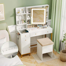 Load image into Gallery viewer, Makeup Vanity Table with 3 Lighting Modes, Mirrored Cabinet Door, Charging Station, Drawers, Shelves, Bedroom Makeup Dressing Table and Stool Set
