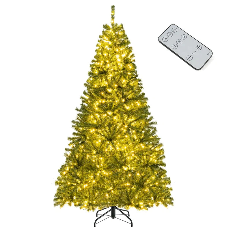 6/7/8FT Pre-Lit Artificial Christmas Tree, Hinged Xmas Tree with Remote, Warm White LED Lights, Timer, Adjustable Lighting Modes for Holiday Decor