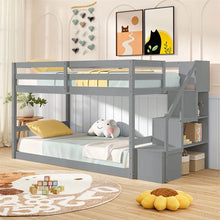 Load image into Gallery viewer, Twin Over Twin Bunk Bed with Storage Stairs, Solid Wood Floor Bunk Bed with Full-Length Guardrails, Low Bunk Bed with for Kids Teens Adults