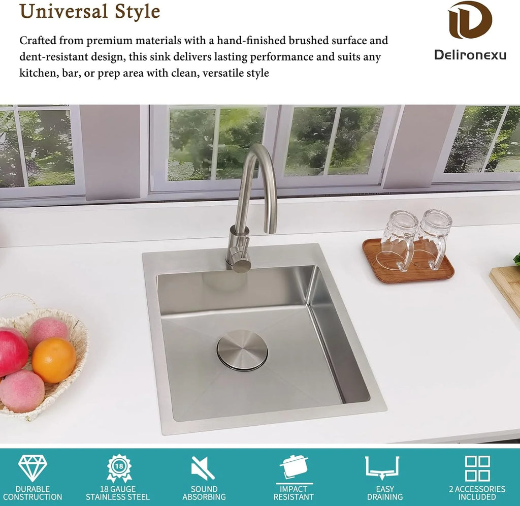 17 in Bar Sink Drop in - Small Kitchen Sink, Modern 18 Gauge Stainless Steel Sink with Brushed Finish, 17"x19"x6" Single Bowl Kitchen Sinks for RV, Prep, and Outdoor Use