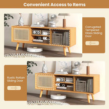 Load image into Gallery viewer, Mid Century Modern TV Stand for TVs up to 55", Bamboo Entertainment Center Media Console with Rattan &amp; Glass Sliding Doors, Adjustable Shelf