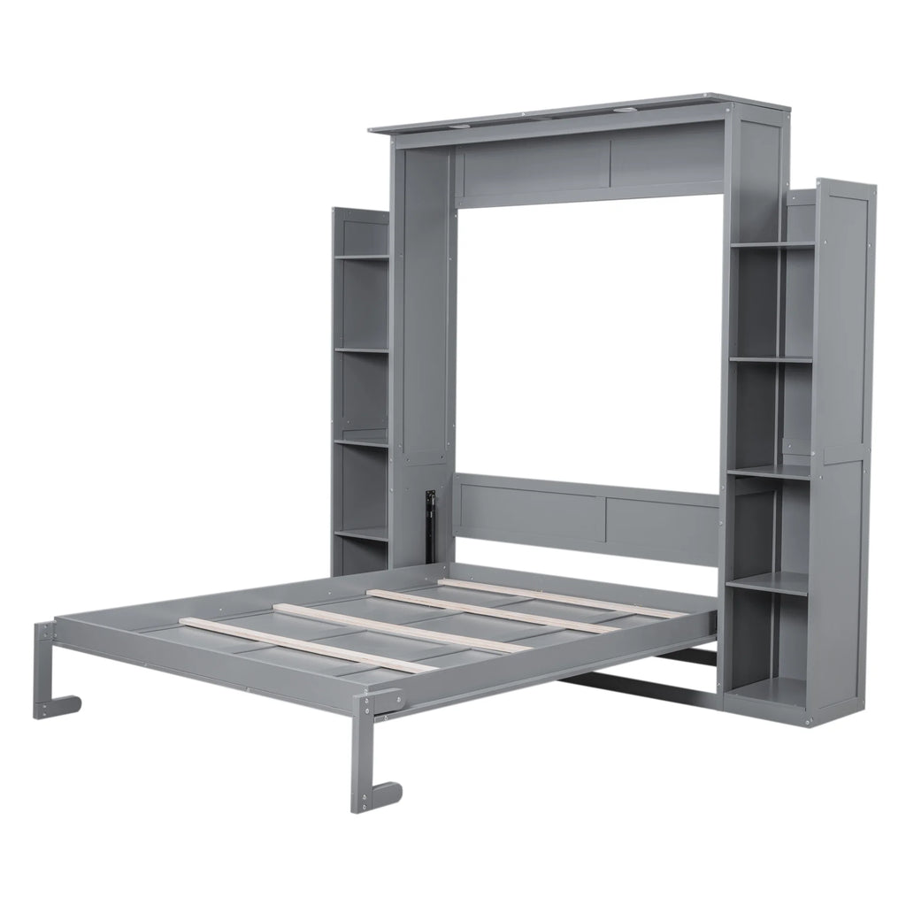 Aukfa Queen Size Murphy Bed with 5 - Tier Storage Shelf & LED Lights, Foldable Wall Bed Cabinet with Mattress Support, Space - Saving Design for Guest Room/Home Office, Gray