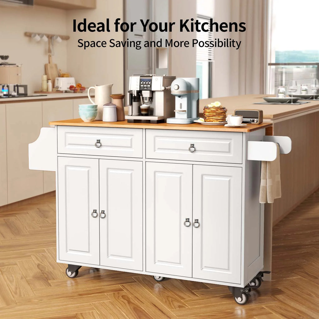 Lofka 52 - Inch Kitchen Island with Storage on Wheels with Wood Drop Leaf, Ideal for Small Kitchens