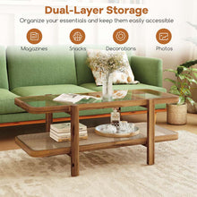 Load image into Gallery viewer, 2-Tier Rattan Coffee Table, 47.5" Solid Wood Rectangle Tea Table with Tempered Glass Top &amp; Storage Shelf, Farmhouse Boho Center Table for Living Room