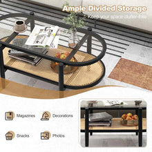 Load image into Gallery viewer, 2-Tier Oval Boho Coffee Table with Tempered Glass Top, Rattan Shelf &amp; Acacia Wood Frame, Mid Century Modern Center Table for Living Room Office