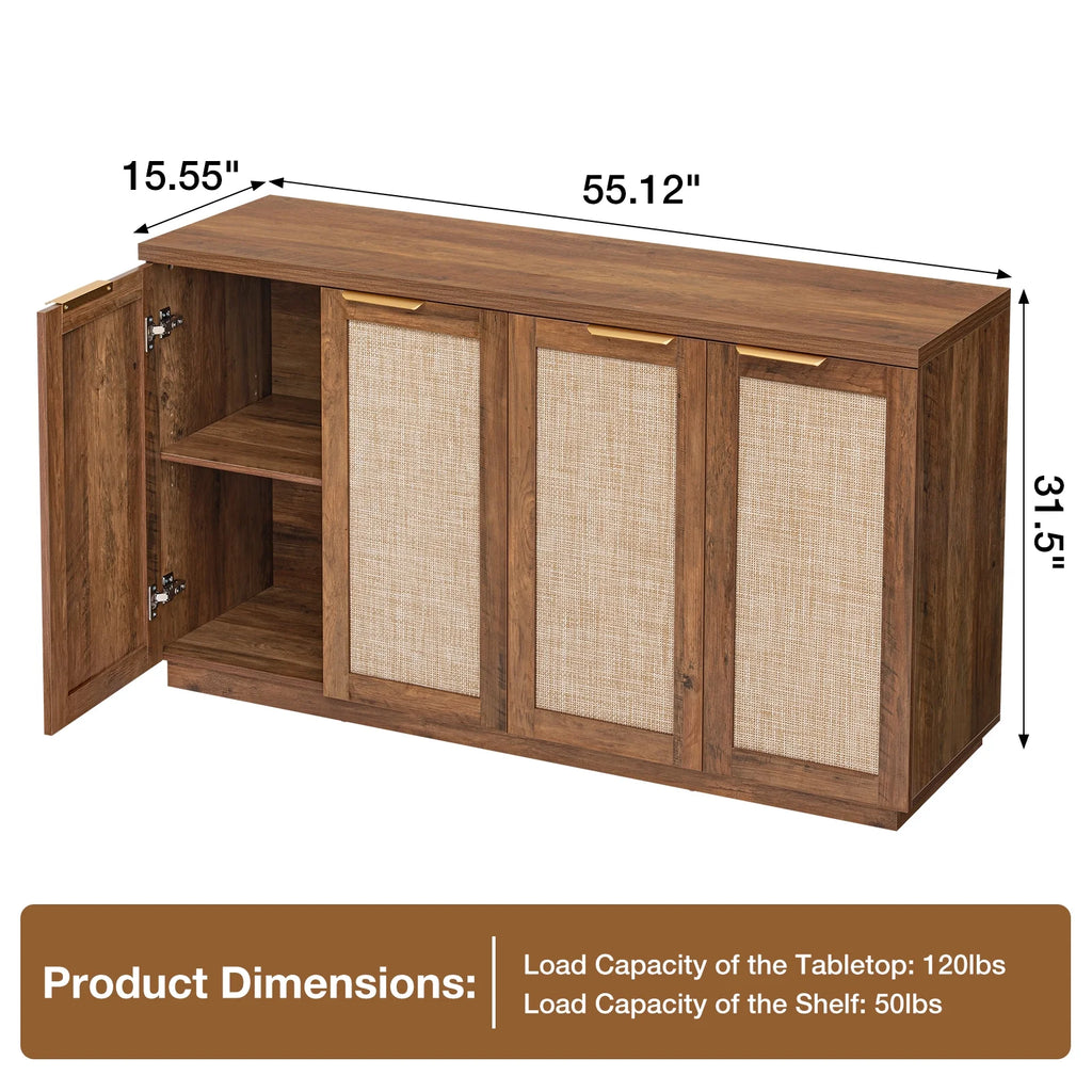 Hommpa Sideboard Buffet Cabinet Rattan Kitchen Storage Organizer with 5 - Position Adjustable Shelf & 2 Doors Boho Farmhouse Accent Cabinets TV Console for Living Dining Room Coffee Bar