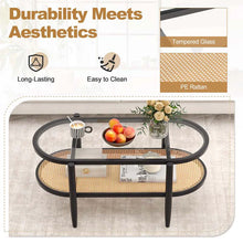 Load image into Gallery viewer, 2-Tier Oval Boho Coffee Table with Tempered Glass Top, Rattan Shelf &amp; Acacia Wood Frame, Mid Century Modern Center Table for Living Room Office