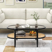 Load image into Gallery viewer, 2-Tier Oval Boho Coffee Table with Tempered Glass Top, Rattan Shelf &amp; Acacia Wood Frame, Mid Century Modern Center Table for Living Room Office
