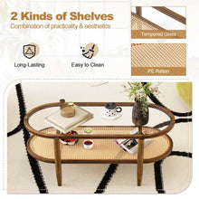 Load image into Gallery viewer, 2-Tier Oval Boho Coffee Table with Tempered Glass Top, Rattan Shelf &amp; Acacia Wood Frame, Mid Century Modern Center Table for Living Room Office