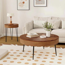 Load image into Gallery viewer, Boho Farmhouse Round Coffee Table Set of 2, Solid Pine Wood Nesting End Table with Metal Legs, Adjustable Foot Pads for Living Room