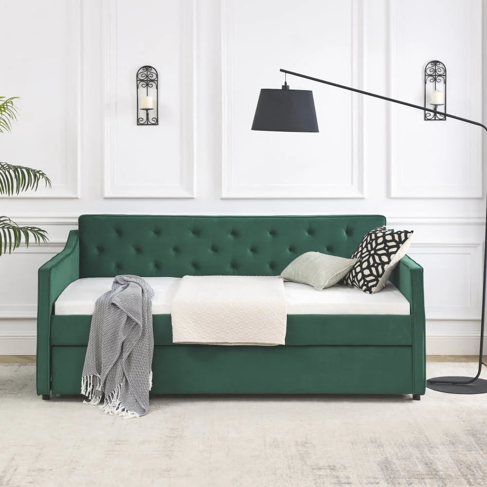 Twin Size Daybed with Trundle, Modern Button Tufted Linen Upholstered Sofa Day Bed Frame with A Roll - Out Trundle, Bedframe Furniture for Bedroom Living Room Guest Room, Green