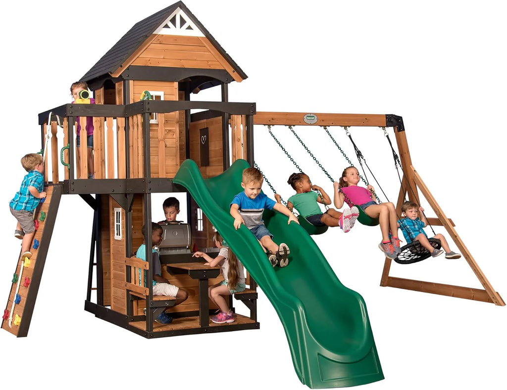 Backyard Discovery Canyon Creek Cedar Wood Swing Set with Wave Slide. Clubhouse. Play Kitchen. Picnic Area. Belt Swings. Web Swing. Rock Wall. Balconies. Playhouse. Step Ladder. Outdoor Playset