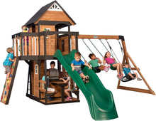 Load image into Gallery viewer, Backyard Discovery Canyon Creek Cedar Wood Swing Set with Wave Slide. Clubhouse. Play Kitchen. Picnic Area. Belt Swings. Web Swing. Rock Wall. Balconies. Playhouse. Step Ladder. Outdoor Playset