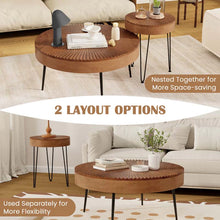 Load image into Gallery viewer, Boho Farmhouse Round Coffee Table Set of 2, Solid Pine Wood Nesting End Table with Metal Legs, Adjustable Foot Pads for Living Room