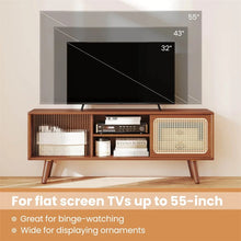 Load image into Gallery viewer, Mid Century Modern TV Stand for TVs up to 55", Bamboo Entertainment Center Media Console with Rattan &amp; Glass Sliding Doors, Adjustable Shelf