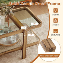 Load image into Gallery viewer, 2-Tier Rattan Coffee Table, 47.5" Solid Wood Rectangle Tea Table with Tempered Glass Top &amp; Storage Shelf, Farmhouse Boho Center Table for Living Room