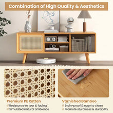 Load image into Gallery viewer, Mid Century Modern TV Stand for TVs up to 55", Bamboo Entertainment Center Media Console with Rattan &amp; Glass Sliding Doors, Adjustable Shelf