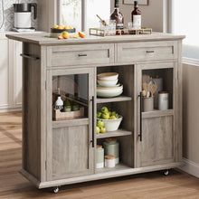 Load image into Gallery viewer, WALYWIK Foldable Kitchen Island Cart with Wheels, Glass Doors, Spice Rack and Towel Holder, Compact Mobile Storage Cart, Grey