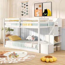 Load image into Gallery viewer, Twin Over Twin Bunk Bed with Storage Stairs, Solid Wood Floor Bunk Bed with Full-Length Guardrails, Low Bunk Bed with for Kids Teens Adults