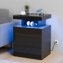 Load image into Gallery viewer, Hommpa LED Nightstand Wireless Charging Station USB Type C Outlets Bedside Table 3 Drawers Black Night Table Modern Smart Nightstand High Gloss End Side Table for Bedroom Furniture 26.8" Tall