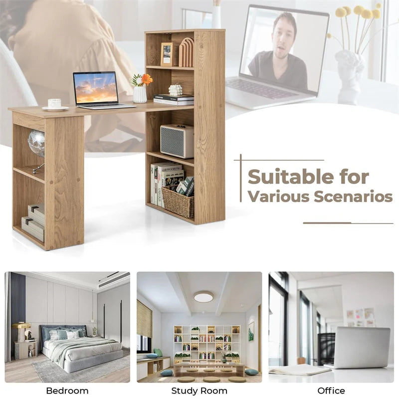 48" Computer Desk with 6-Tier Storage Shelves, 3-in-1 Reversible Writing Desk w/ Bookshelf & CPU Stand, Space-Saving Home Office Workstation