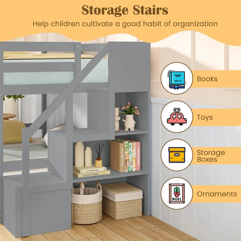 Twin Over Twin Bunk Bed with Storage Stairs, Solid Wood Floor Bunk Bed with Full-Length Guardrails, Low Bunk Bed with for Kids Teens Adults