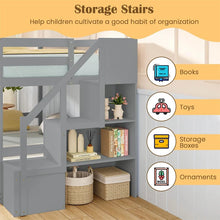 Load image into Gallery viewer, Twin Over Twin Bunk Bed with Storage Stairs, Solid Wood Floor Bunk Bed with Full-Length Guardrails, Low Bunk Bed with for Kids Teens Adults