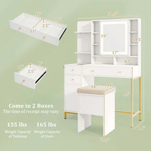Load image into Gallery viewer, Makeup Vanity Table with 3 Lighting Modes, Mirrored Cabinet Door, Charging Station, Drawers, Shelves, Bedroom Makeup Dressing Table and Stool Set