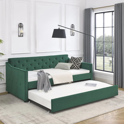 Twin Size Daybed with Trundle, Modern Button Tufted Linen Upholstered Sofa Day Bed Frame with A Roll - Out Trundle, Bedframe Furniture for Bedroom Living Room Guest Room, Green