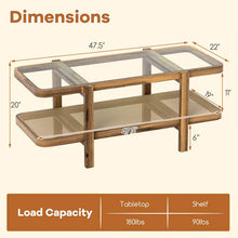 Load image into Gallery viewer, 2-Tier Rattan Coffee Table, 47.5" Solid Wood Rectangle Tea Table with Tempered Glass Top &amp; Storage Shelf, Farmhouse Boho Center Table for Living Room